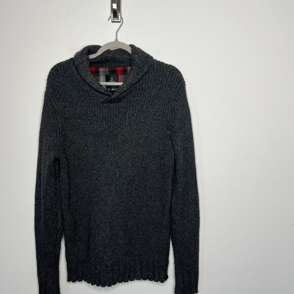 prAna Sweater Mens Medium Gray Shawl Collar Pullover Ribbed Elbow Patch Knit - Picture 1 of 12